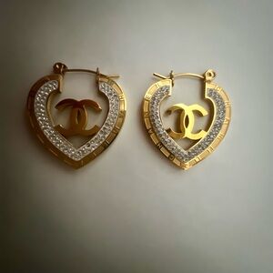 Gold Heart Hoop Earrings with Crystal Accents by CHANEL